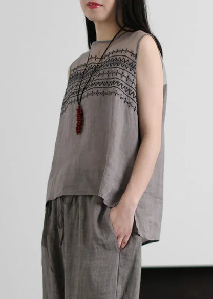 Grey Embroideried Hollow Out Tulle Patchwork Linen Two Piece Suit Set Sleeveless