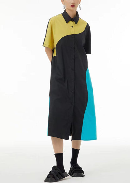 French Colorblock Peter Pan Collar Patchwork Cotton Shirt Dresses Summer