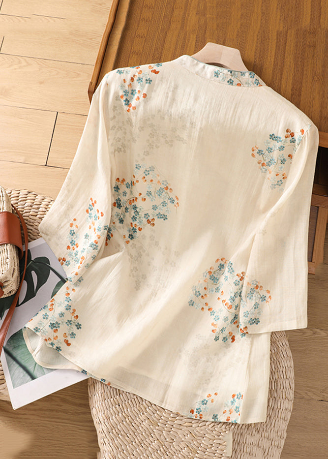Apricot Stand Collar Print Cotton Shirt Half Sleeve