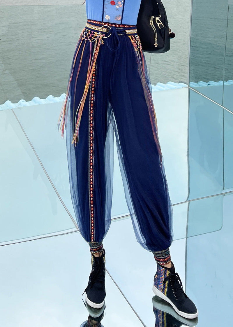 Navy Print Embroideried Elastic Tulle Beam Pants Summer