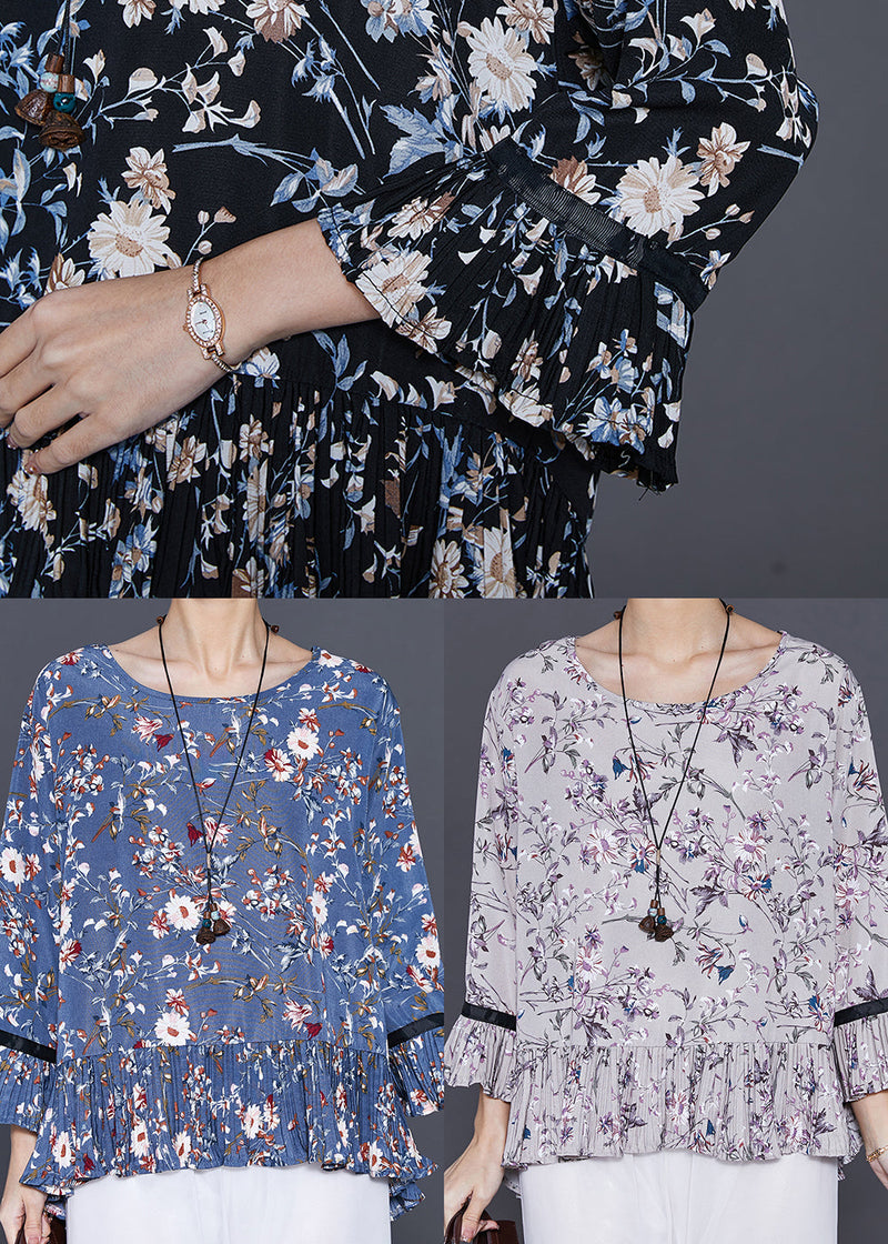 Black Oversized Print Chiffon Blouses Summer