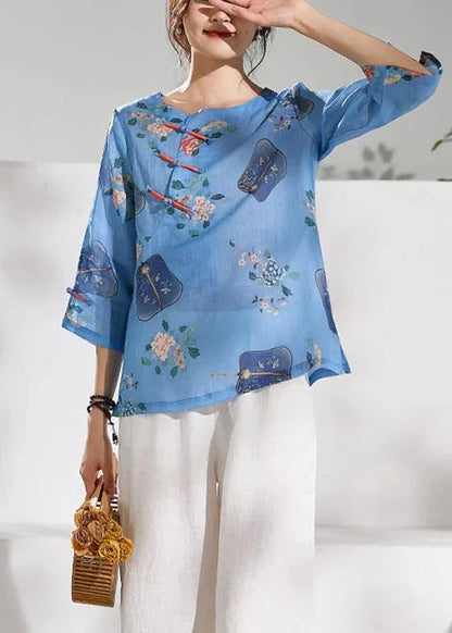 Natural Blue Print Oriental Summer Ramie Shirt
