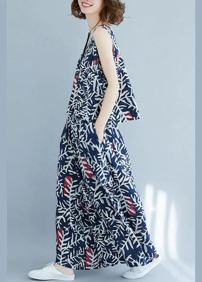 Blue Print Sleeveless Two-piece Set Summer Cotton Linen