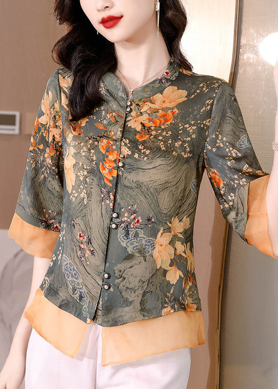 Slim Fit Light Green O-neck Print Button Tulle Patchwork Silk Blouse Tops Short Sleeve