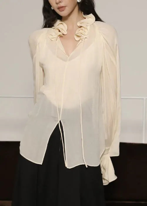 Beige Lace Up Side Open Silk Cotton Blouses Ruffled Flare Sleeve