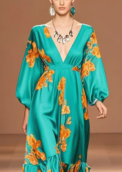 Peacock Green V Neck Print Silk Dresses Fall
