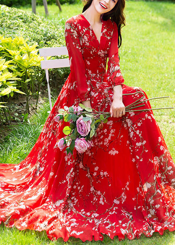 Fine Red Print Slim Chiffon Vacation Long Dresses Long Sleeve Fall