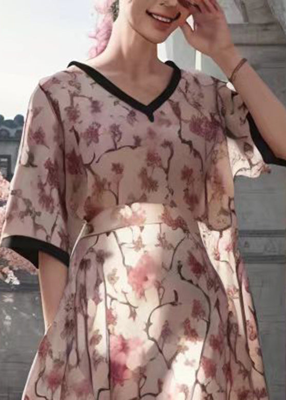 Apricot Print Patchwork Silk Long Dresses Summer