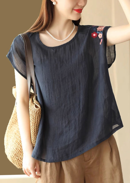 Loose Navy O Neck Embroidered Linen T Shirts Summer