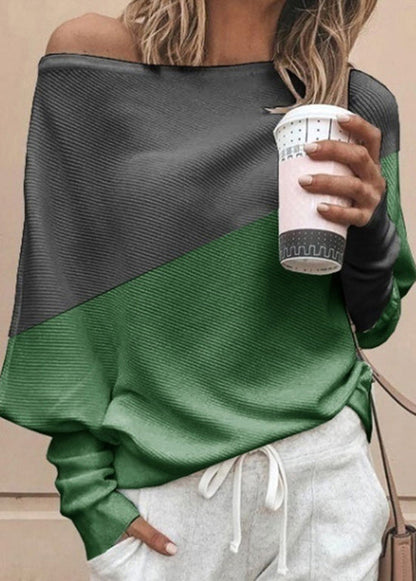Green O Neck Patchwork Cotton Tops Batwing Sleeve