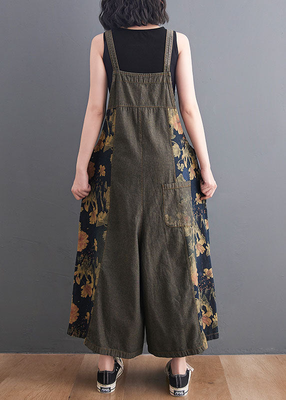 Diy Navy Print Pockets Patchwork Denim Jumpsuits Summer