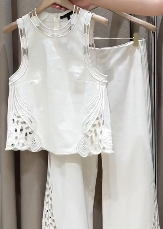 New White Zippered Hollow Out Cotton Two Pieces Set Sleeveless