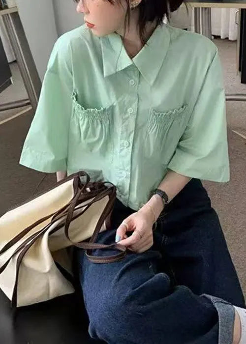 Green Wrinkled Pockets Cotton Blouse Peter Pan Collar Half Sleeve