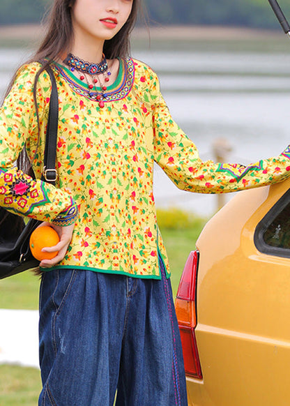 Loose Yellow O-neck Print Top Long Sleeve