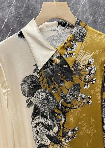 Beige Peter Pan Collar Asymmetrical Print Silk Blouse Tops Spring