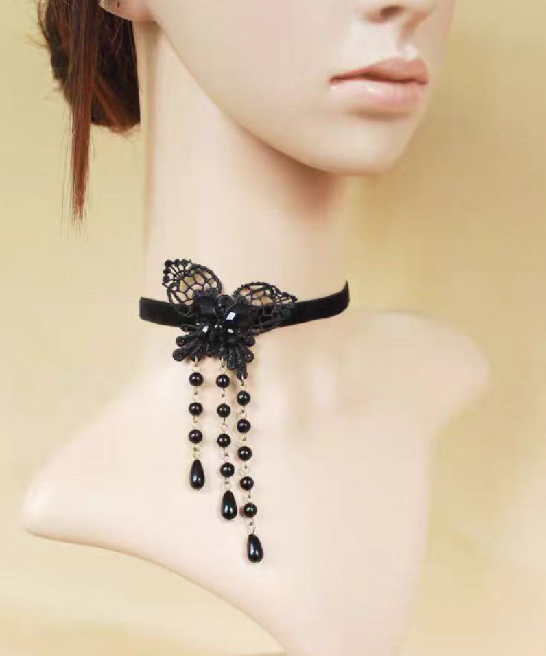 Black Copper Alloy Lace Butterfly Pearl Tassel Pendant Necklace