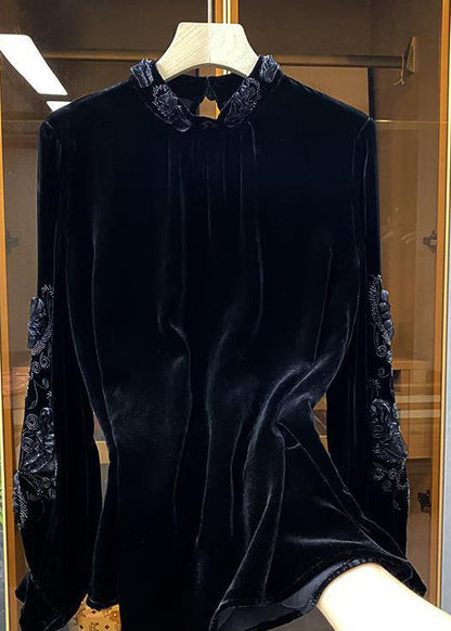 Pink Stand Collar Embroideried Velour Top Long Sleeve