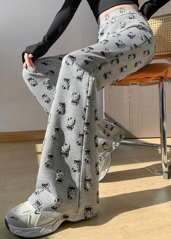 Grey High Waist Cartoon Print Cotton Flared Trousers Spring
