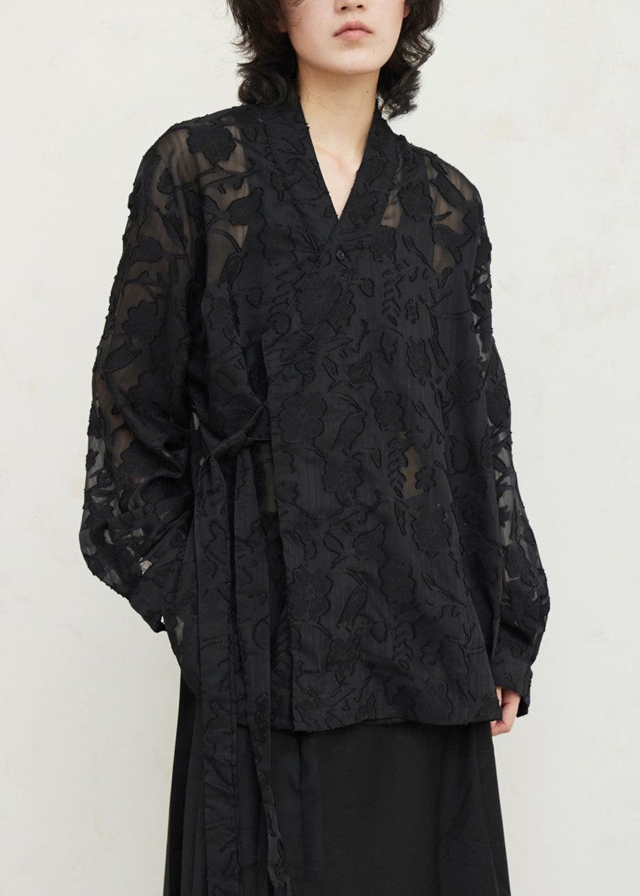 Black V Neck Tie Waist Lace Top Fall