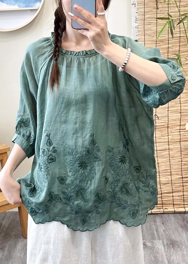 Brief Green O-neck Embroideried Ruffled Patchwork Linen Top Fall