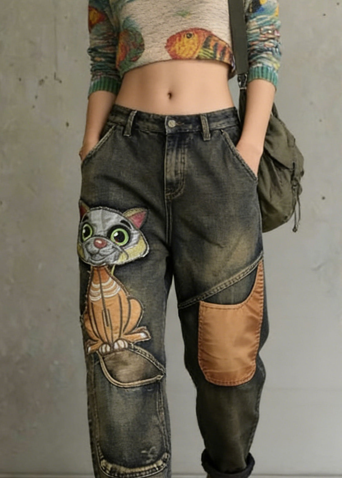 Cat Embroidery Patchwork Mid Waist Loose Denim Harem Jeans