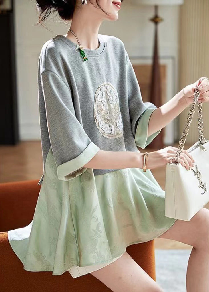 Green False Two Pieces Print Patchwork Cotton Top Summer