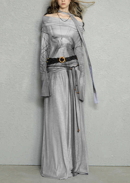Coffee Slash Neck Print Wrinkled Knitting Cotton Long Dress Flare Sleeve