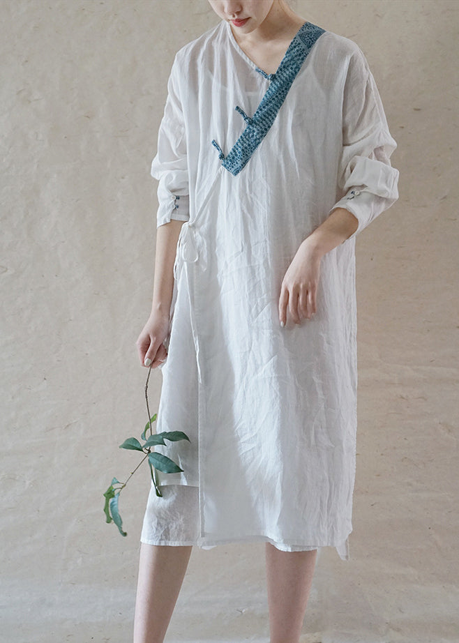 Art White Button Tie Waist Asymmetrical Linen Long Dress Spring