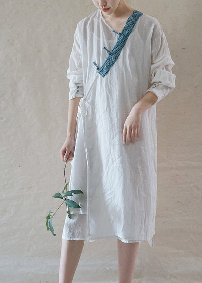 Art White Button Tie Waist Asymmetrical Linen Long Dress Spring