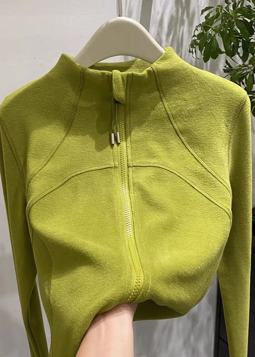 Organic Green Stand Collar Zippered Velour Coats Spring