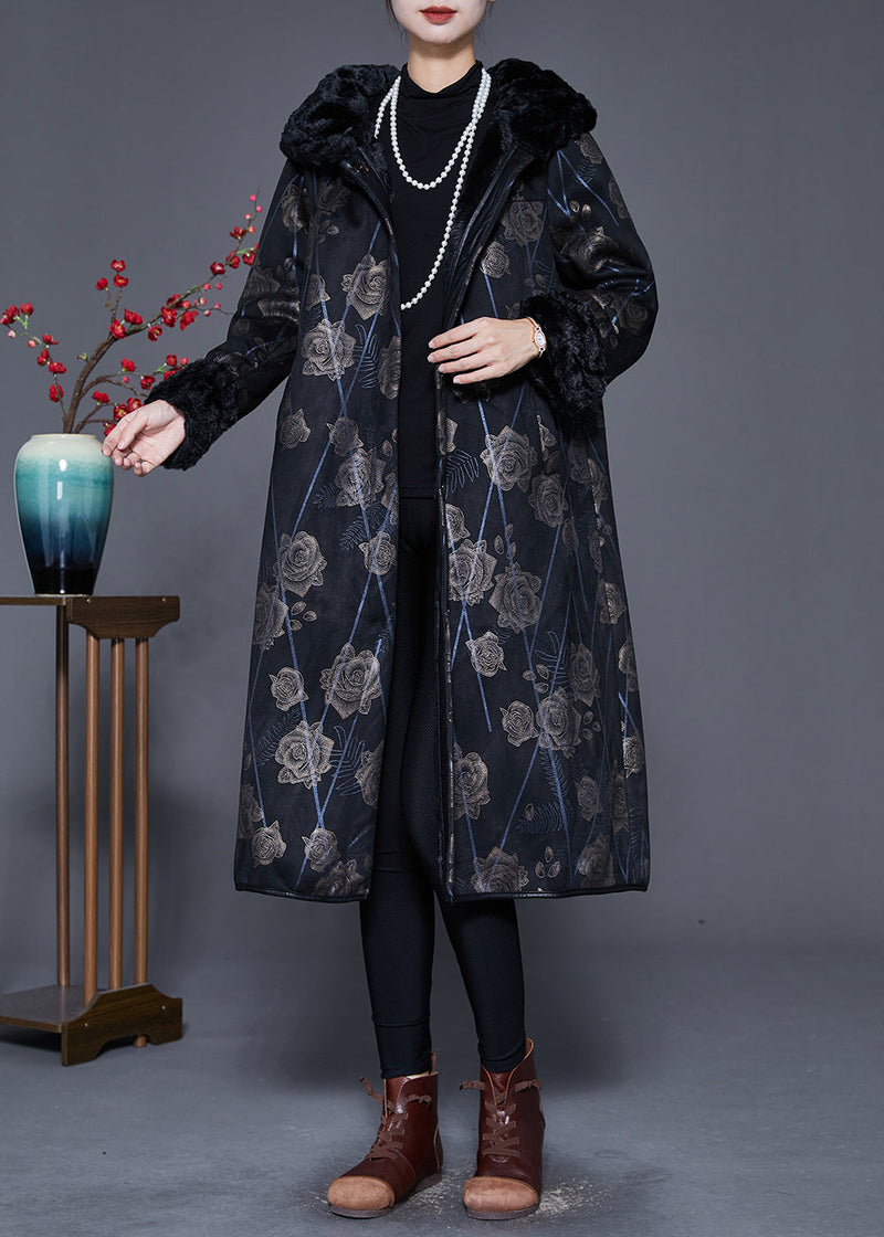 Black Fur Collar Print Warm Fleece Coat Outwear Winter
