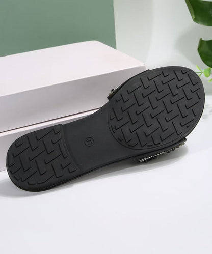 Zircon Splicing Black Faux Leather Slide Sandals
