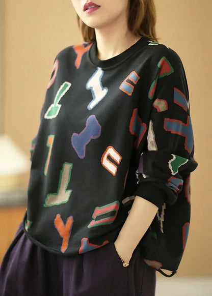 Modern Black Loose O-neck Graphic Hole Fall Sweatshirts Top