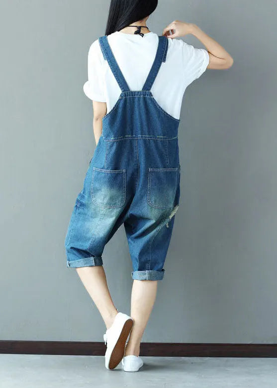 Blue Oversized Applique Cotton Denim Jumpsuit Spring