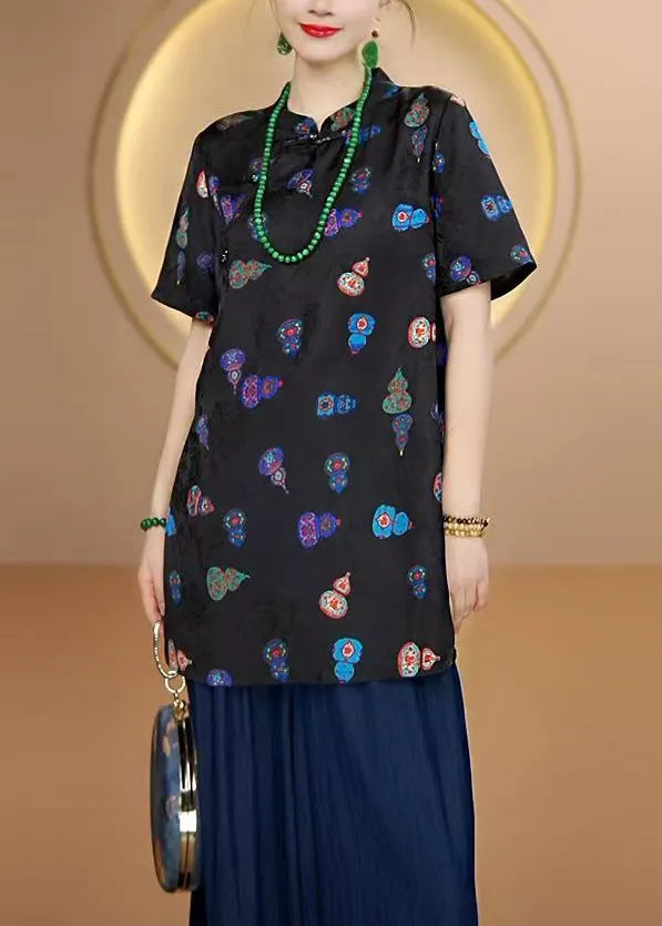 New Black Stand Collar Print Chinese Button Silk Shirt Tops Summer