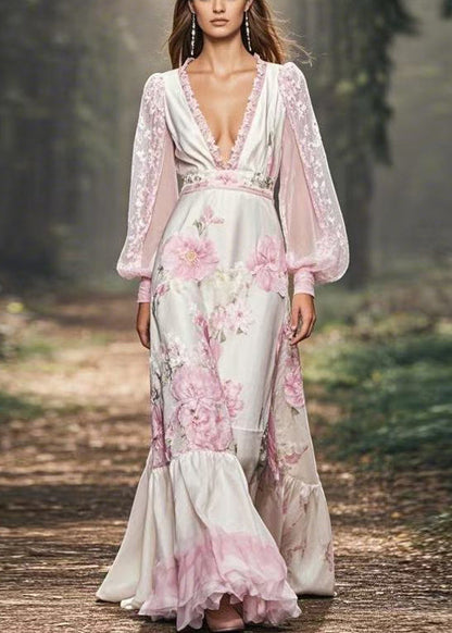 V Neck Print Patchwork Chiffon Maxi Dresses Fall