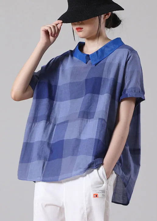 Blue Peter Pan Collar Plaid Patchwork Button Cotton Shirt Top Short Sleeve