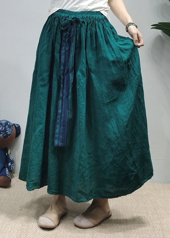 Blackish Green Pocket Linen Shirt Top a Line Skirt Two Piece Set Elastic Waist Long Sleeve