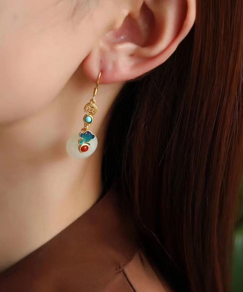 Colorblock Sterling Silver Overgild Jade Agate Turquoise Enamel Xiangyun Drop Earrings
