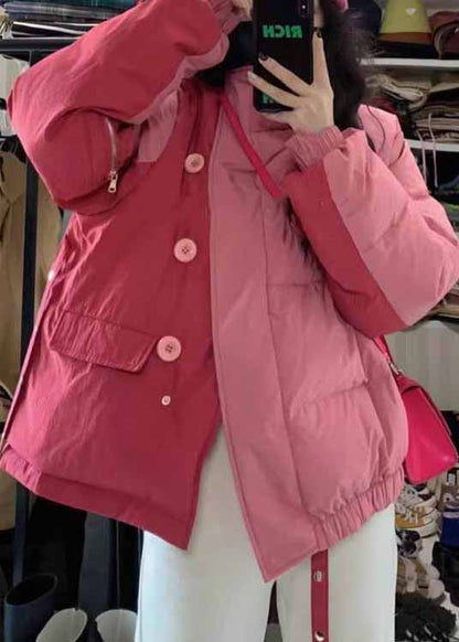 Pink Stand Collar Pockets Fine Cotton Filled Jacket Winter
