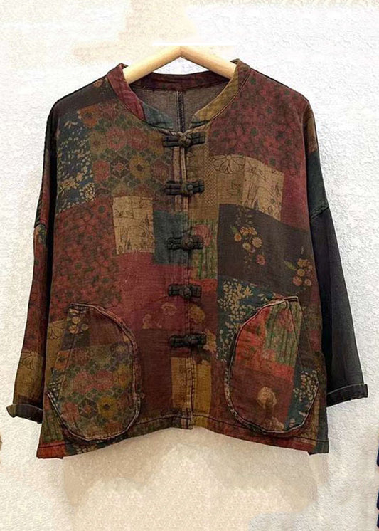 Print Button Patchwork Cotton Coat Long Sleeve Spring