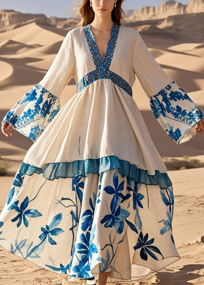 Apricot V Neck Patchwork Print Cotton Holiday Dress Fall