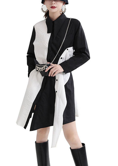 Black Asymmetrical Design Patchwork Fall Dresses Long Sleeve