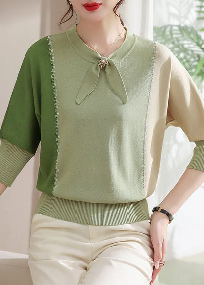 Boutique Red Bow Zircon Patchwork Knit Pullover Batwing Sleeve