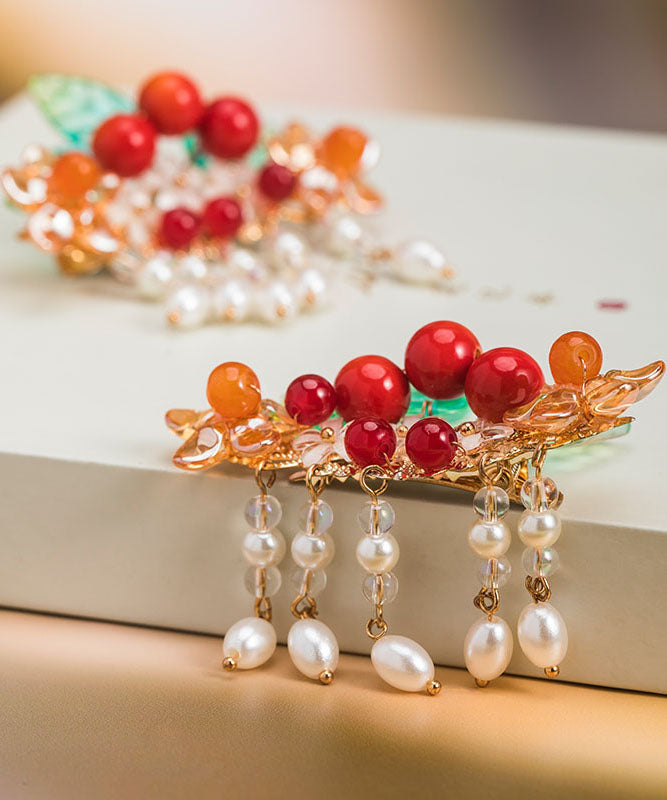 Rainbow Copper Overgild Pearl Hawthorn Leaf Tassel a Pair Hairpin