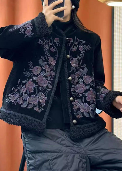 Black Embroideried Button Cotton Filled Coats Long Sleeve