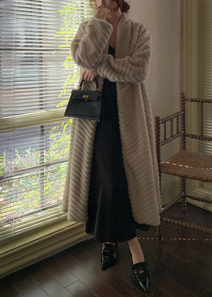 Beige Oversized Faux Mink Hair Trench Coats Winter