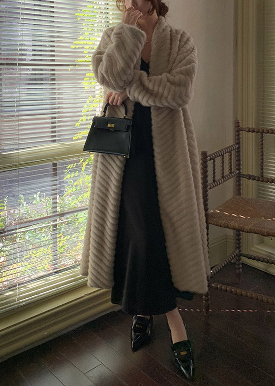 Beige Oversized Faux Mink Hair Trench Coats Winter