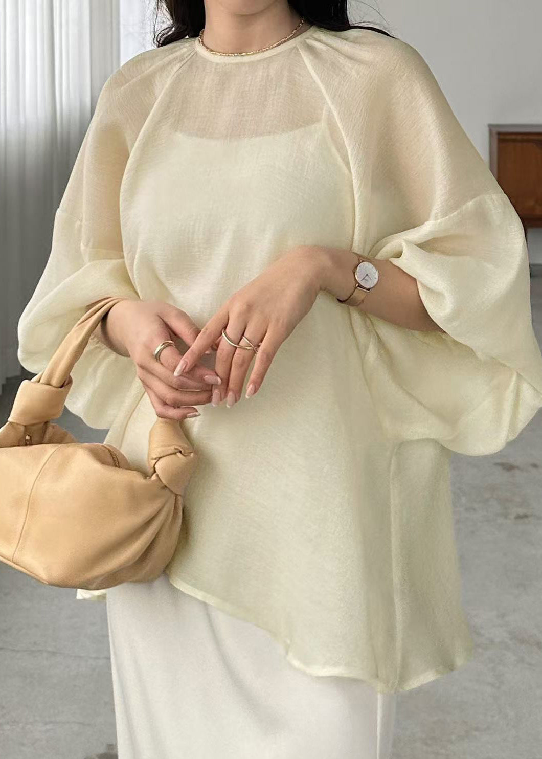 Beige Oversized Chiffon Sheer Top Batwing Sleeve