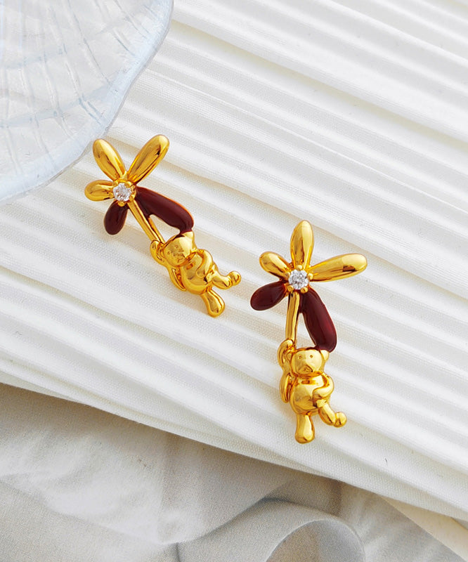 Stylish Gold Copper Overgild Oil Drip Zircon Little Bear Stud Earrings